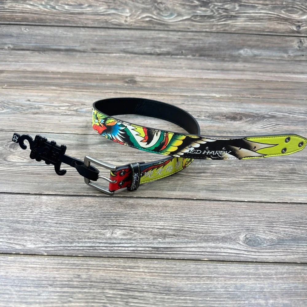 Ed Hardy Mens Size 32 Belt Lime Green Dragon Tattoo Graphic VB97511EHQA New